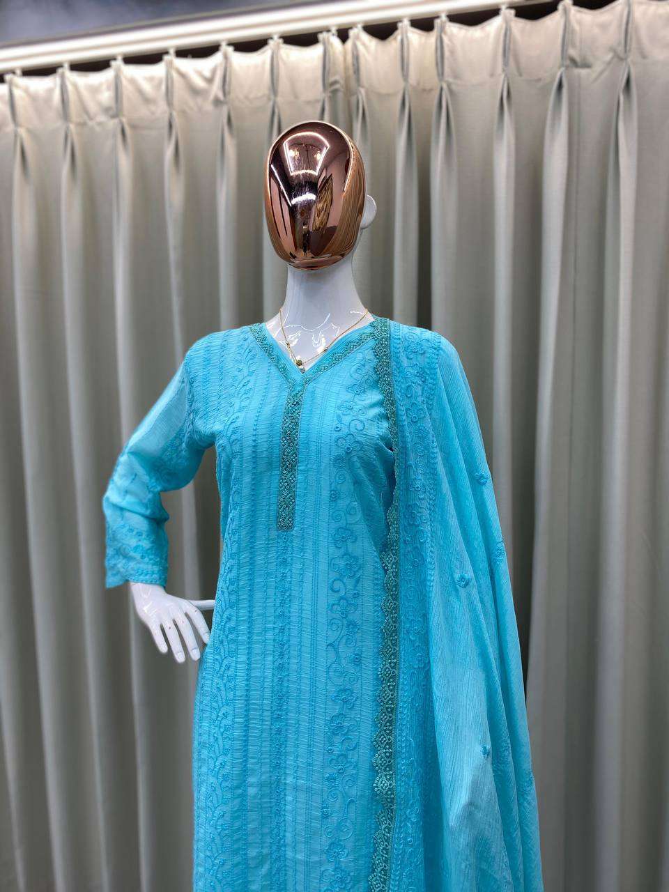 Women's Chinon Silk with Cotton Thread Embroidery Straight Kurti With Pant and Dupatta set - Image 17